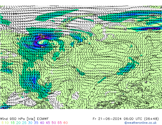 Viento 950 hPa ECMWF vie 21.06.2024 06 UTC