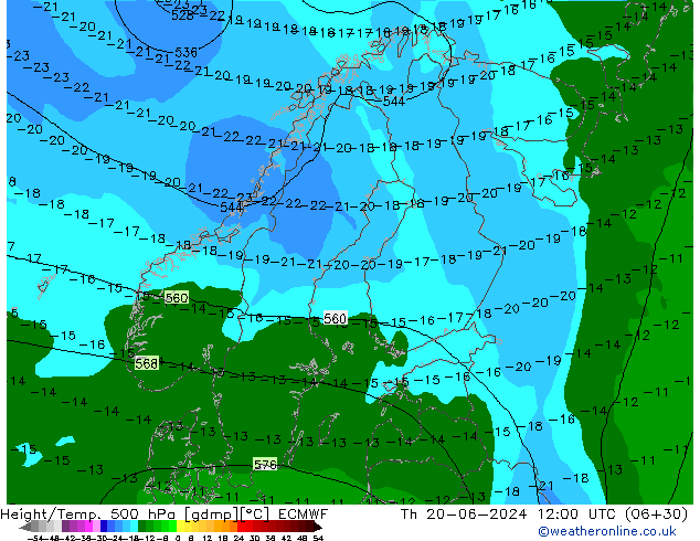 Height/Temp. 500 hPa ECMWF Do 20.06.2024 12 UTC