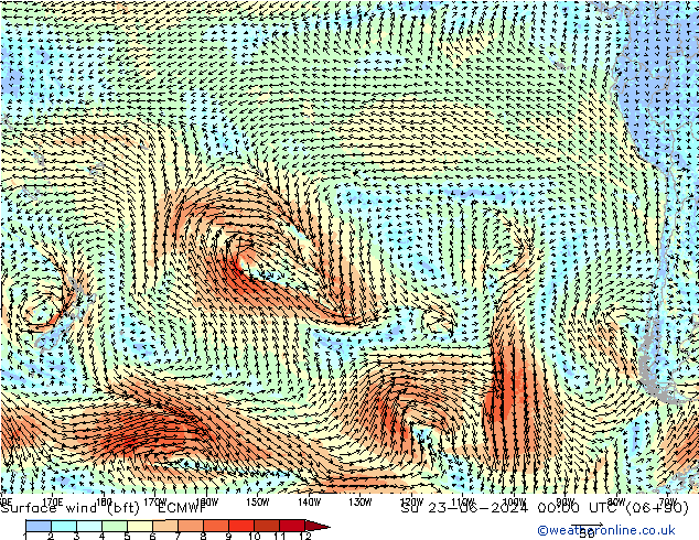 Rüzgar 10 m (bft) ECMWF Paz 23.06.2024 00 UTC