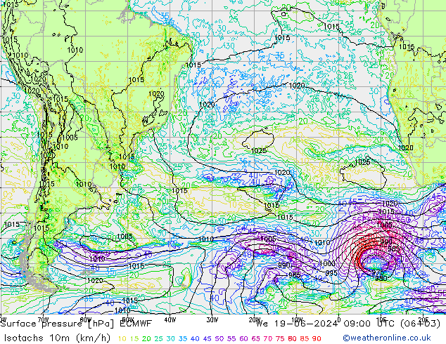 Isotachs (kph) ECMWF St 19.06.2024 09 UTC