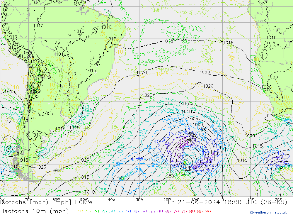 Isotachen (mph) ECMWF vr 21.06.2024 18 UTC