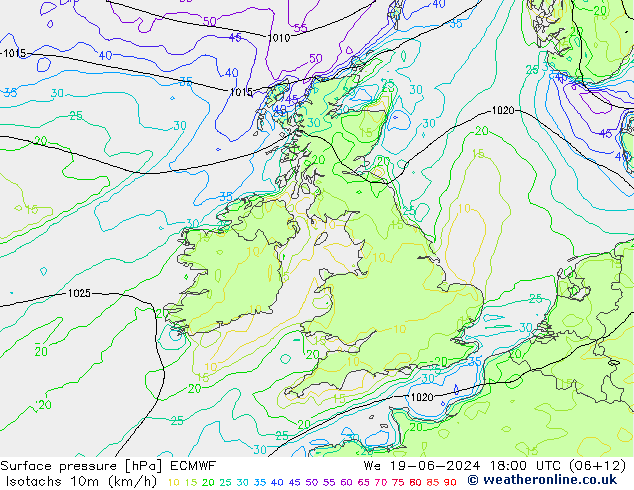 Isotaca (kph) ECMWF mié 19.06.2024 18 UTC