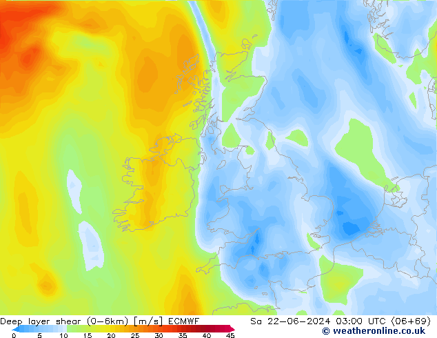 Deep layer shear (0-6km) ECMWF Sa 22.06.2024 03 UTC