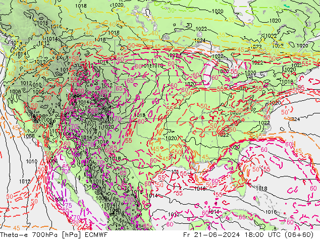 Theta-e 700hPa ECMWF ven 21.06.2024 18 UTC