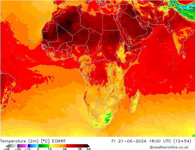 Temperatuurkaart (2m) ECMWF vr 21.06.2024 18 UTC