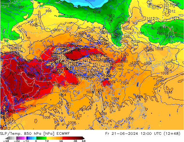 SLP/Temp. 850 hPa ECMWF Pá 21.06.2024 12 UTC