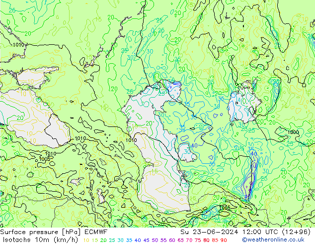 Isotachs (kph) ECMWF Su 23.06.2024 12 UTC