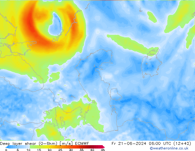 Deep layer shear (0-6km) ECMWF Pá 21.06.2024 06 UTC