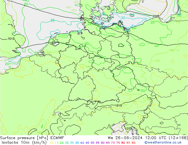 Isotachs (kph) ECMWF We 26.06.2024 12 UTC