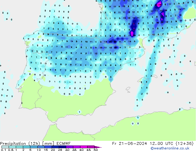 Totale neerslag (12h) ECMWF vr 21.06.2024 00 UTC