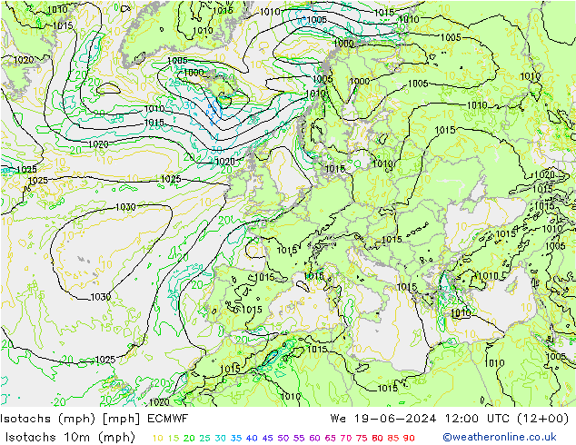 Isotaca (mph) ECMWF mié 19.06.2024 12 UTC