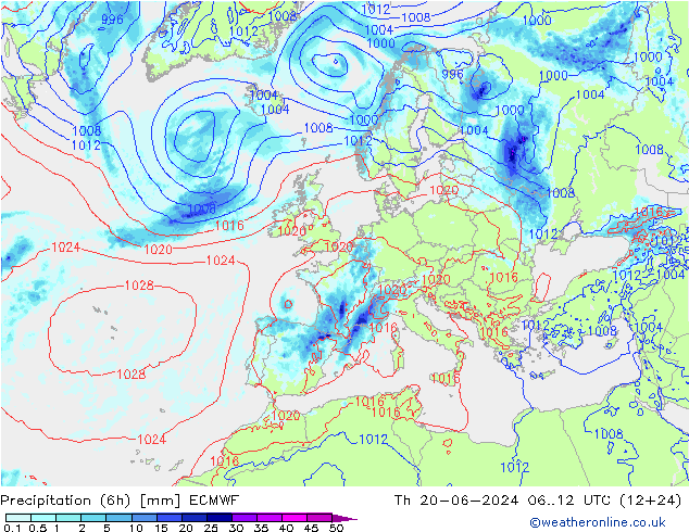 Precipitación (6h) ECMWF jue 20.06.2024 12 UTC