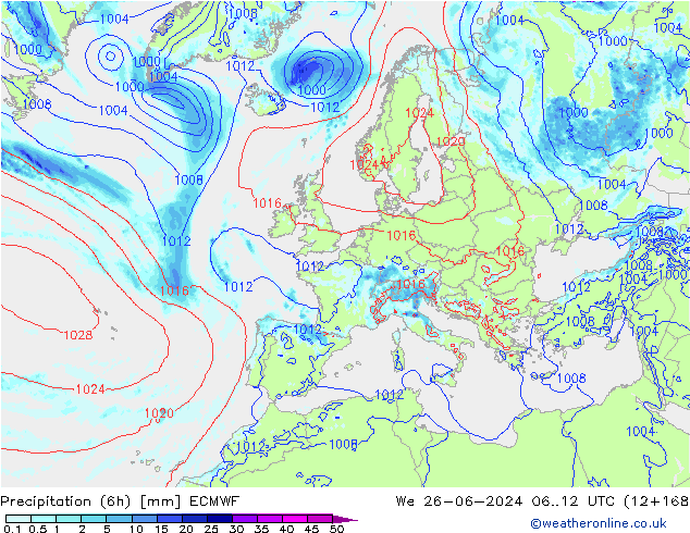 Z500/Regen(+SLP)/Z850 ECMWF wo 26.06.2024 12 UTC