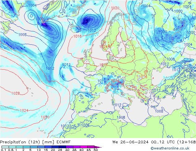 Precipitation (12h) ECMWF We 26.06.2024 12 UTC