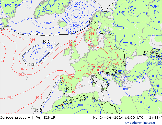 Presión superficial ECMWF lun 24.06.2024 06 UTC