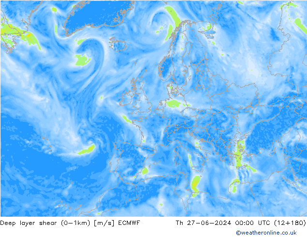 Deep layer shear (0-1km) ECMWF чт 27.06.2024 00 UTC