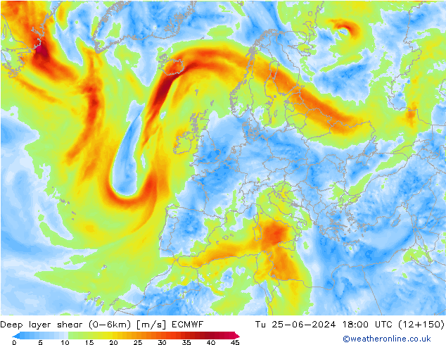 Deep layer shear (0-6km) ECMWF вт 25.06.2024 18 UTC