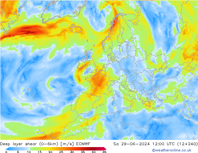 Deep layer shear (0-6km) ECMWF So 29.06.2024 12 UTC