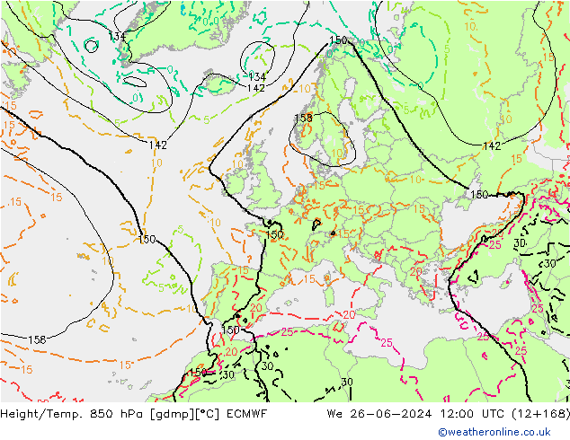 Z500/Rain (+SLP)/Z850 ECMWF We 26.06.2024 12 UTC
