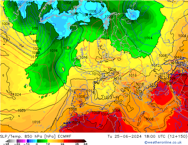 SLP/Temp. 850 гПа ECMWF вт 25.06.2024 18 UTC