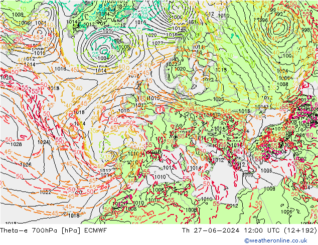 Theta-e 700hPa ECMWF Qui 27.06.2024 12 UTC