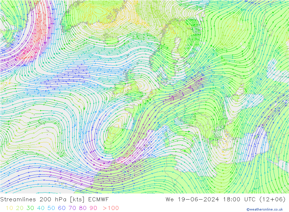 Línea de corriente 200 hPa ECMWF mié 19.06.2024 18 UTC