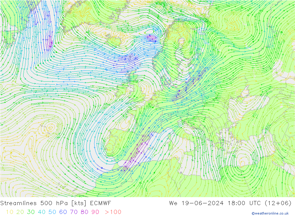 风 500 hPa ECMWF 星期三 19.06.2024 18 UTC