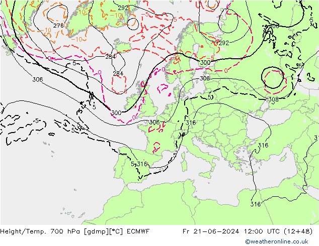 Hoogte/Temp. 700 hPa ECMWF vr 21.06.2024 12 UTC