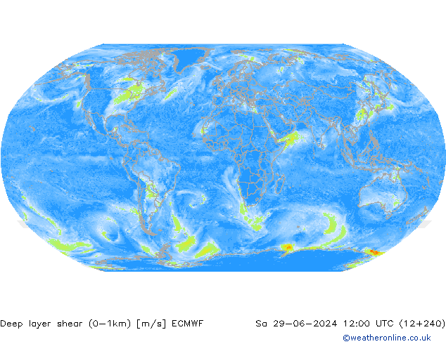 Deep layer shear (0-1km) ECMWF Sa 29.06.2024 12 UTC
