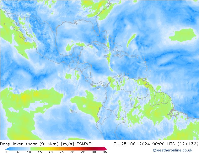 Deep layer shear (0-6km) ECMWF Sa 25.06.2024 00 UTC