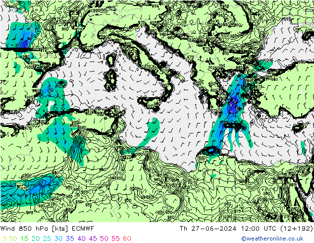 Wind 850 hPa ECMWF Th 27.06.2024 12 UTC