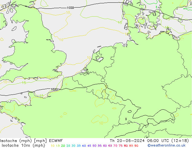 Isotachs (mph) ECMWF чт 20.06.2024 06 UTC