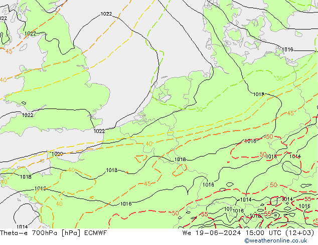 Theta-e 700hPa ECMWF 星期三 19.06.2024 15 UTC