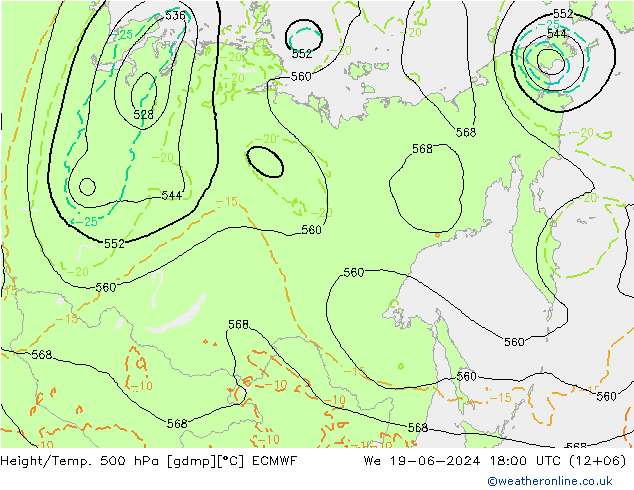 Z500/Yağmur (+YB)/Z850 ECMWF Çar 19.06.2024 18 UTC