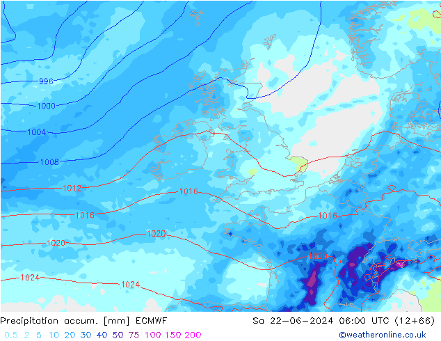 Precipitation accum. ECMWF Sa 22.06.2024 06 UTC