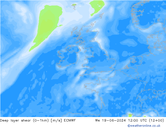 Deep layer shear (0-1km) ECMWF ср 19.06.2024 12 UTC