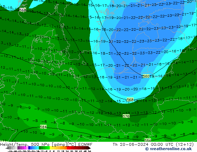 Z500/Rain (+SLP)/Z850 ECMWF Čt 20.06.2024 00 UTC