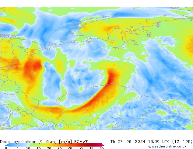 Deep layer shear (0-6km) ECMWF Th 27.06.2024 18 UTC