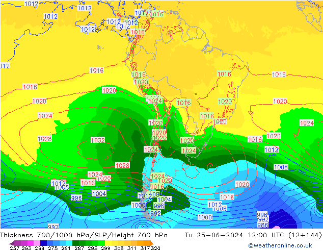 Thck 700-1000 hPa ECMWF Tu 25.06.2024 12 UTC