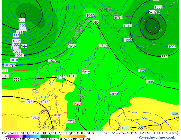 Schichtdicke 500-1000 hPa ECMWF So 23.06.2024 12 UTC