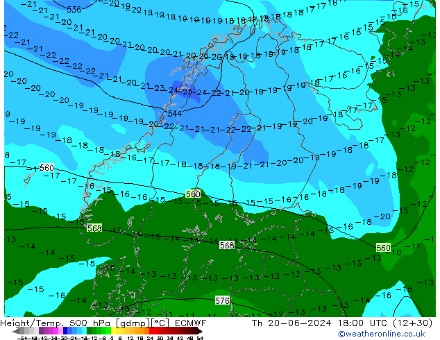 Z500/Rain (+SLP)/Z850 ECMWF Th 20.06.2024 18 UTC