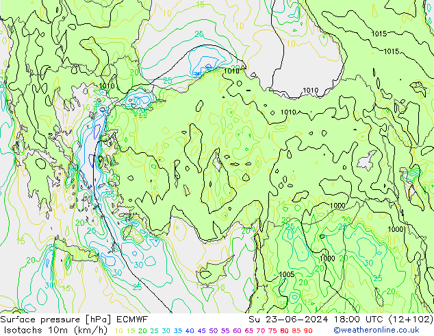 Isotachs (kph) ECMWF Ne 23.06.2024 18 UTC