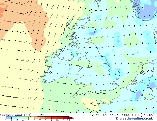 Wind 10 m (bft) ECMWF za 22.06.2024 09 UTC