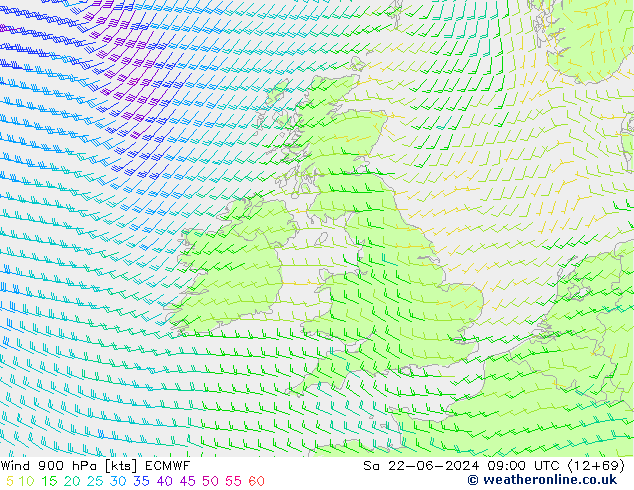 Wind 900 hPa ECMWF za 22.06.2024 09 UTC