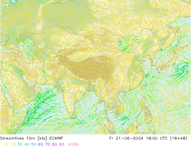 Streamlines 10m ECMWF Pá 21.06.2024 18 UTC