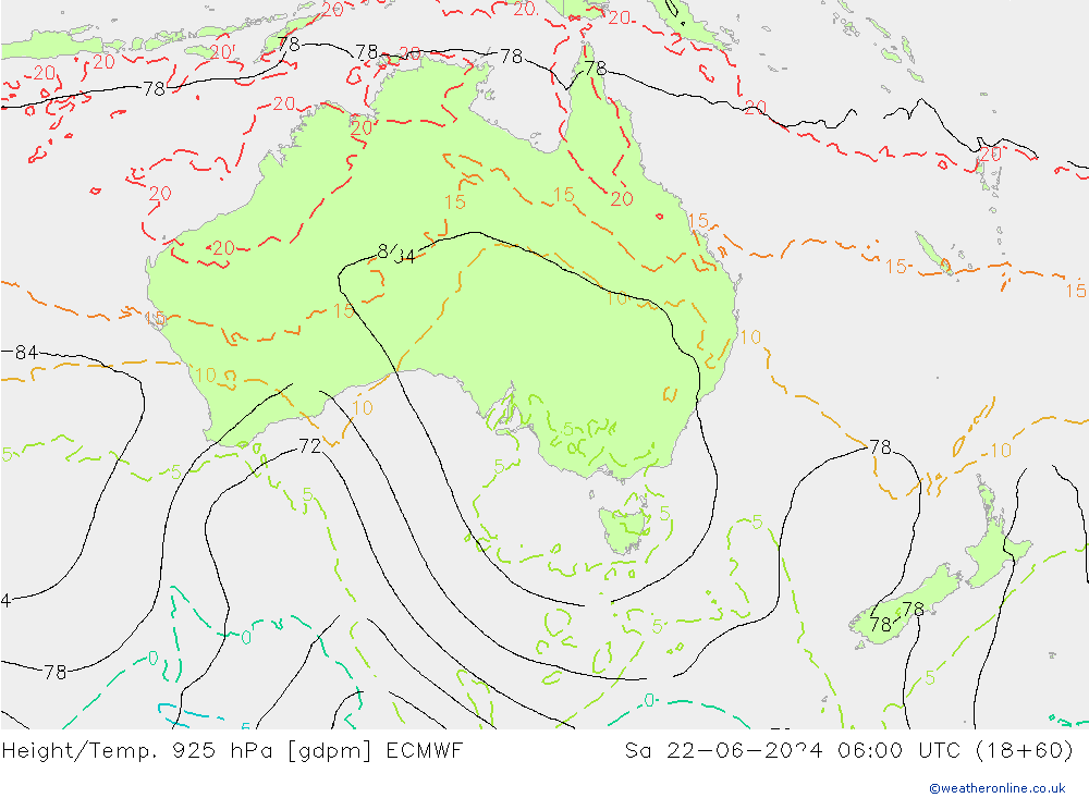 Yükseklik/Sıc. 925 hPa ECMWF Cts 22.06.2024 06 UTC