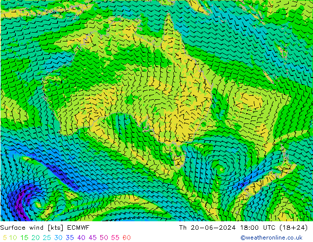 Surface wind ECMWF Th 20.06.2024 18 UTC