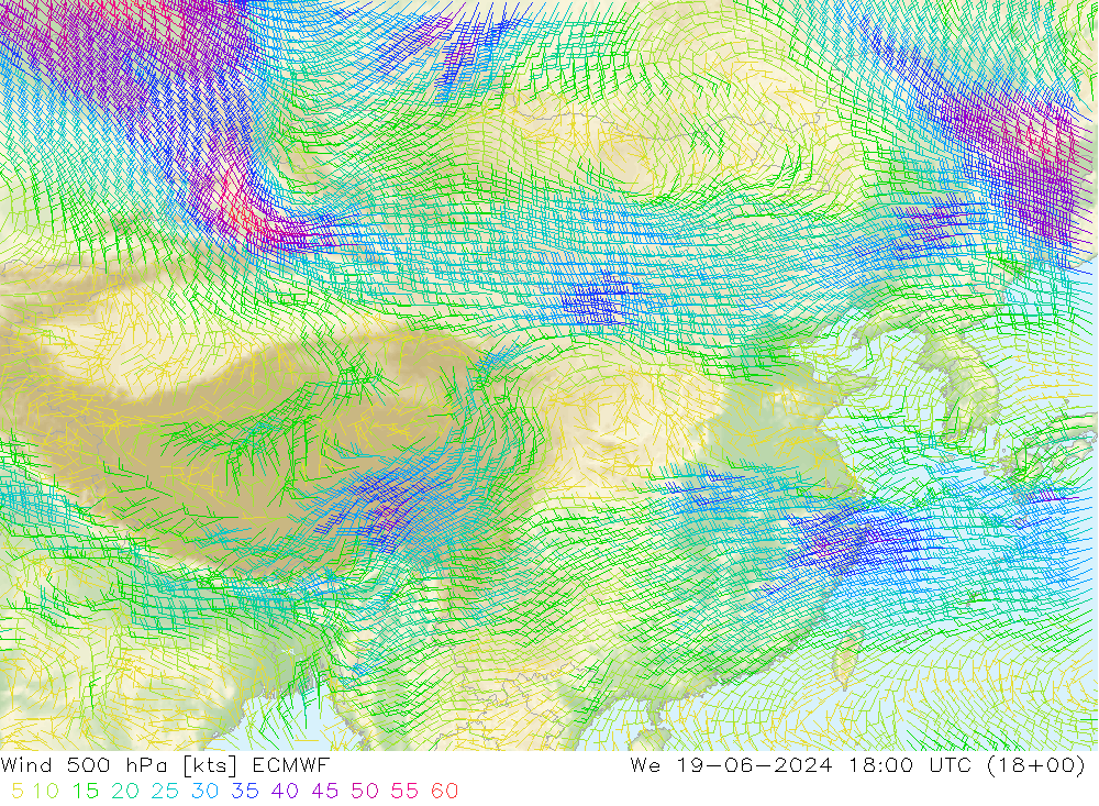 风 500 hPa ECMWF 星期三 19.06.2024 18 UTC