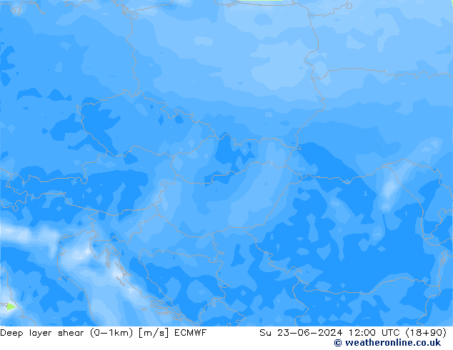 Deep layer shear (0-1km) ECMWF zo 23.06.2024 12 UTC