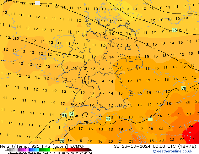 Hoogte/Temp. 925 hPa ECMWF zo 23.06.2024 00 UTC